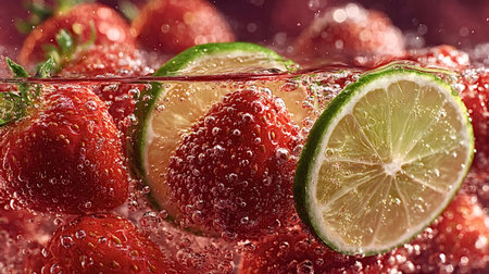 Fresh strawberries and lime slices are submerged in sparkling water, creating a refreshing and visually appealing scene with numerous bubbles clinging to the fruitの素材