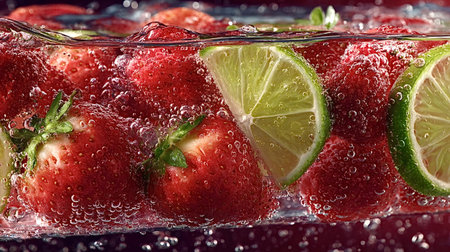 Fresh strawberries and lime slices are submerged in sparkling water, creating a refreshing and visually appealing scene with numerous bubbles clinging to the fruitの素材