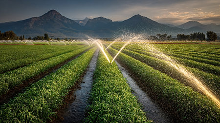 Automated irrigation system watering rows of vibrant green crops in a cultivated agricultural field with majestic mountains and a beautiful sunset in the backgroundの素材
