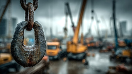 Close up of a rusty chain link hanging in the foreground, with blurred construction cranes and vehicles in the background on a rainy day, highlighting industrial activityの素材