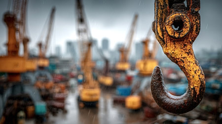 Close up of a rusty crane hook hanging in the rain, with blurred cranes and industrial equipment in the background, creating a dramatic and evocative scene of heavy industryの素材