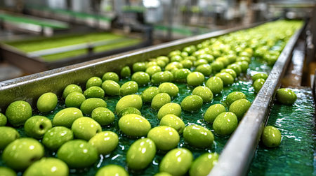 Freshly picked green olives are being washed and transported on a conveyor belt inside a modern food processing plant, ensuring hygiene and quality in olive oil productionの素材