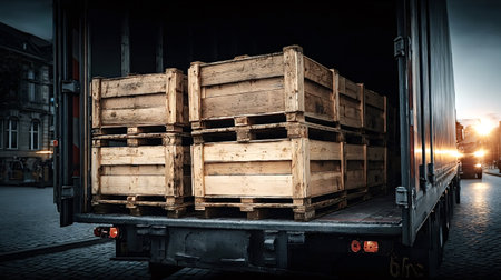 Wooden crates stacked on pallets are being transported in a truck, ready for delivery within the urban landscape at sunset, symbolizing efficient logistics and distributionの素材