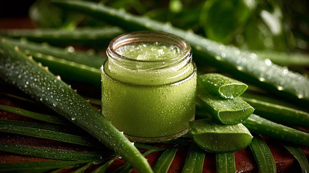 Fresh aloe vera gel is in a glass jar surrounded by whole and sliced leaves covered with water drops, creating a refreshing and natural skincare conceptの素材