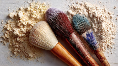 Makeup brushes with wooden handles are lying on loose face powder scattered across a white surface, creating a visually appealing arrangementの素材