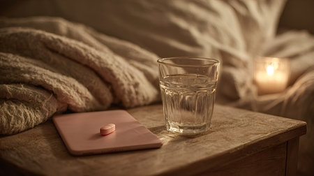 Pink tablet rests on a tablet next to a glass of water on a wooden nightstand, illuminated by the warm glow of a candle, creating a cozy and relaxing atmosphere for bedtimeの素材