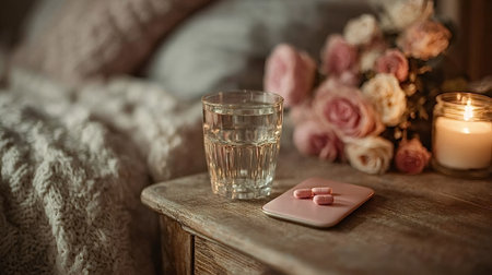 Glass of water, pills on a phone, a bouquet of roses, and a burning candle create a cozy atmosphere on a wooden nightstand next to a bed with a knitted blanketの素材