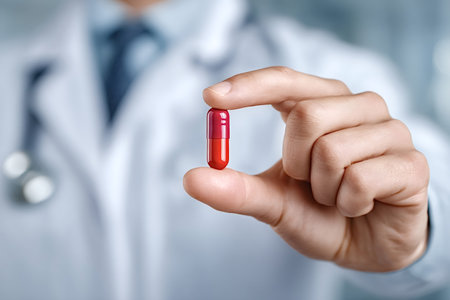Doctor holding a vibrant red pill between fingers in a close up view, emphasizing the importance of healthcare and medicine in treatment and patient well beingの素材