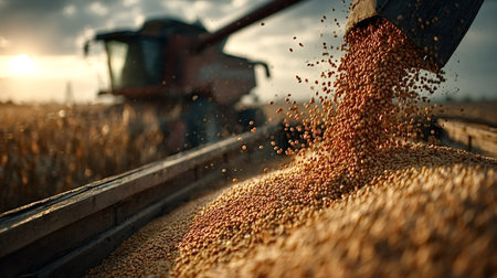 Soybeans are pouring from combine harvester into tractor trailer at sunset during harvest season, creating a captivating scene of agricultural abundanceの素材