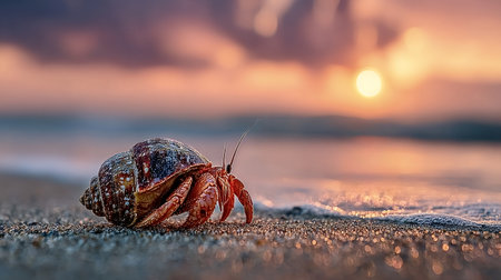 Small hermit crab carrying its shell, walking along the wet sand of a beach at sunset, creating a stunning and evocative scene that captures the beauty of nature's evening colorsの素材