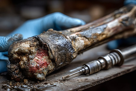 Archaeologist wearing gloves meticulously restoring an ancient bone with a specialized tool, preserving a fragile piece of history and contributing to the understanding of our pastの素材