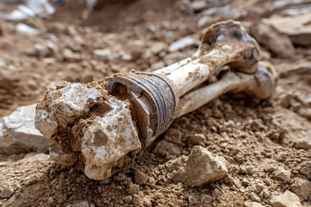 Close up view of partially decomposed skeleton remains lying on dirt ground, suggesting an archaeological discovery or forensic investigationの素材
