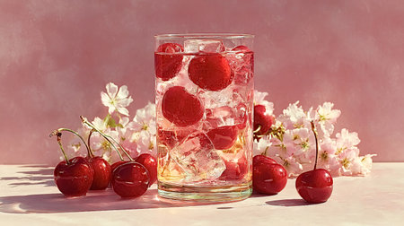 Sparkling water with ice and fresh cherries creates a refreshing summer drink, garnished with delicate cherry blossoms against a soft pink backdropの素材