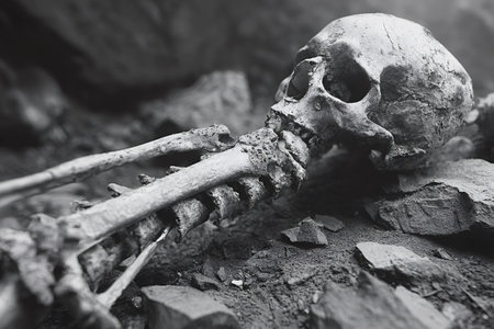 Human skeleton remains lying on the rocky ground. Possibly unearthed during an archaeological dig or discovered in a natural setting. Evoking themes of mortality. History. And the passage of timeの素材