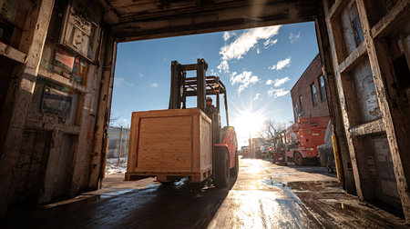 Warehouse worker wearing a safety helmet operates a forklift, skillfully driving while transporting a wooden crate as the sun sets, casting warm light across the loading areaの写真素材