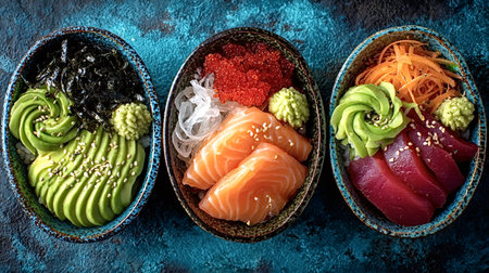 Three colorful poke bowls are presented, each featuring a different combination of fresh fish, vegetables, and toppings, creating a visually appealing and delicious mealの写真素材