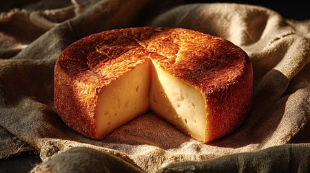 Golden crust cheese wheel resting on a burlap sack showing a cut slice with delicious creamy...