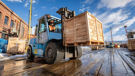 Forklift operator carefully maneuvering a large wooden crate across a wet wooden dock in a busy...