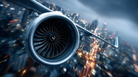 Airplane engine soaring over a city at dusk, capturing the exhilarating sense of speed and motion...