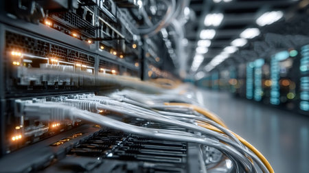 Close up of network cables connecting to servers in a modern data center, highlighting the complex...