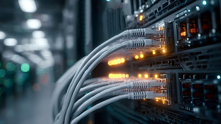 Network cables are connecting to server in modern data center with blinking lights, representing...