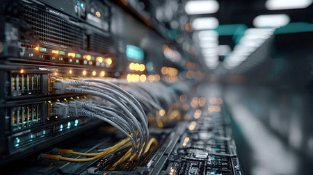 Fiber optic cables are connecting to network hardware, creating a powerful visual of modern data...