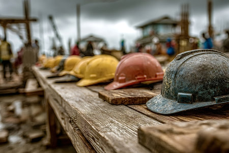 Various colorful hard hats are sitting on wooden planks at a construction site, symbolizing...