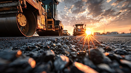 Heavy machinery working diligently at sunset, paving a smooth asphalt surface for transportation on...