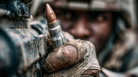 Soldier loading a bullet into an assault rifle, highlighting meticulous preparation and intense...