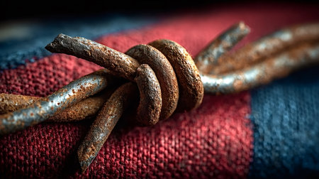 Close up of rusty barbed wire lying on a piece of red and blue striped fabric, evoking themes of...