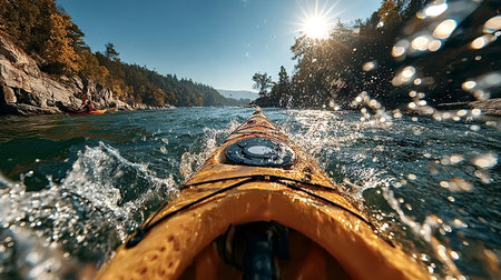 Kayaking along a river on a sunny day, splashes of water dancing around the kayak, creating an...