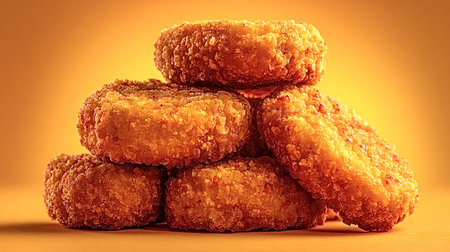 Breaded chicken nuggets forming a pyramid shape are placed on an orange background, creating a...