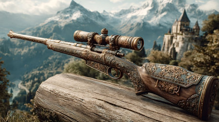 Ornate, engraved sniper rifle with a scope rests on a wooden surface, a castle nestled in the snowy mountains providing a dramatic backdropの写真素材
