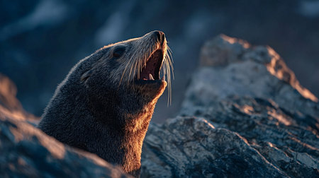 Brown fur seal roaring on rocky outcrops at sunset, displaying sharp teeth and prominent whiskers, creating a striking scene of wildlife in its natural coastal habitatの写真素材