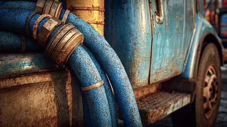Close up of weathered blue hoses with metal connectors hanging on the side of a rusty vintage truck, showing the wear and tear of industrial equipmentの写真素材