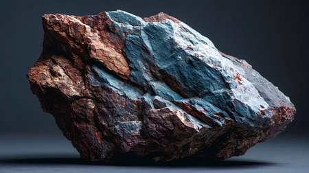 Illuminated raw multicolored stone against a dark background, highlighting the rough texture and intricate details of the mineral formationの写真素材