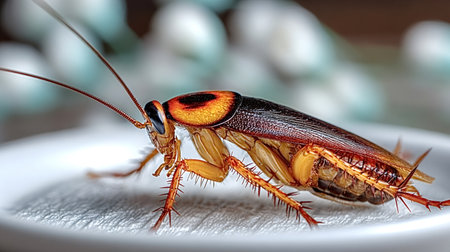 Australian cockroach with long antennae and spiny legs standing on a white surface, possibly a plate...