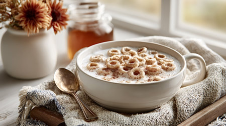 Bowl of healthy whole grain cereal rings with milk and cinnamon sits on a linen napkin on a wooden tray near a window, ready to be enjoyed for a nutritious breakfastの写真素材