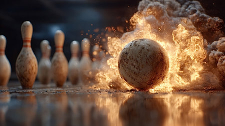 Bowling ball rolling on flames, leaving a vivid trail of fire and smoke while racing towards bowling pins, capturing the intense energy and drama of the sport in motionの写真素材