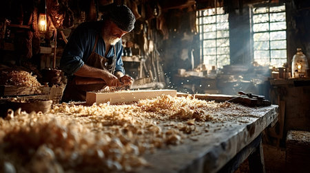 Senior carpenter smoothing a wooden plank with a hand plane, creating wood shavings and dust in his traditional workshop, illuminated by natural light from the windowの写真素材