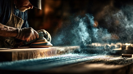 Senior carpenter wearing gloves and an apron skillfully using a power tool to sand wood, producing...