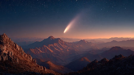 Breathtaking scenery of a comet soaring across the twilight sky above a majestic mountain range,...
