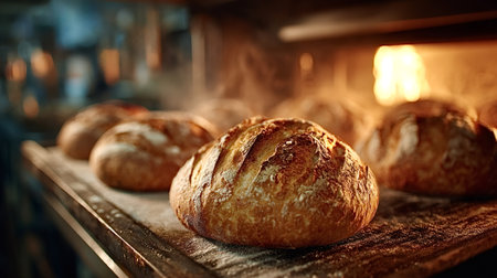 Close up of golden brown loaves of bread resting on a baking tray, emanating warmth and a delicious...