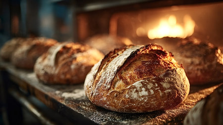 Crusty loaves of sourdough bread rest on a baking sheet. Cooling down after being baked in a...