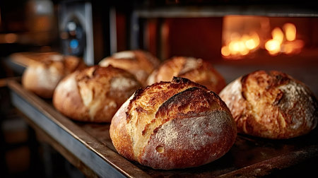 Crusty loaves of sourdough bread rest on a metal tray, cooling down after baking, with the warm glow...