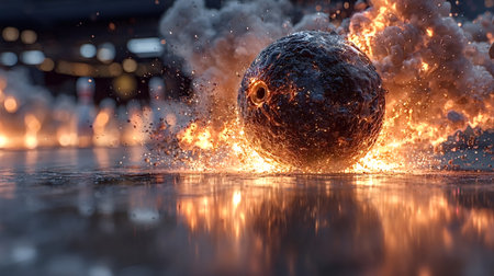 Bowling ball rolling down the lane, trailing fire and smoke, creating a dramatic explosive effect, with bowling pins blurred in the backgroundの写真素材