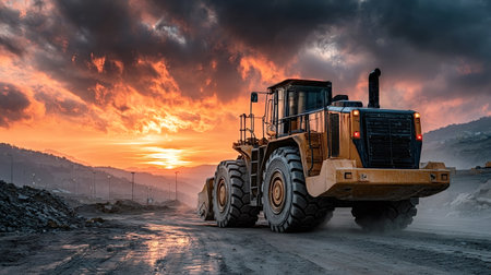 Powerful wheel loader navigating a dirt road in a quarry at sunset, surrounded by a dramatic sky...