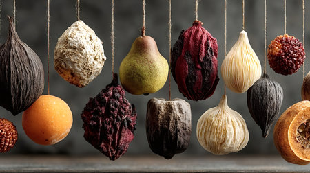 Various dried fruits and nuts are hanging from strings against a blurred gray background, showing a diverse collection of preserved natural treasuresの素材