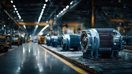 Contemporary electric motors await further assembly steps, standing on a conveyor belt within a...