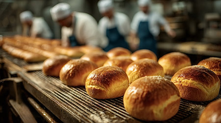 Golden brown bread rolls fresh from the oven cooling on a conveyor belt in a bakery, with bakers...